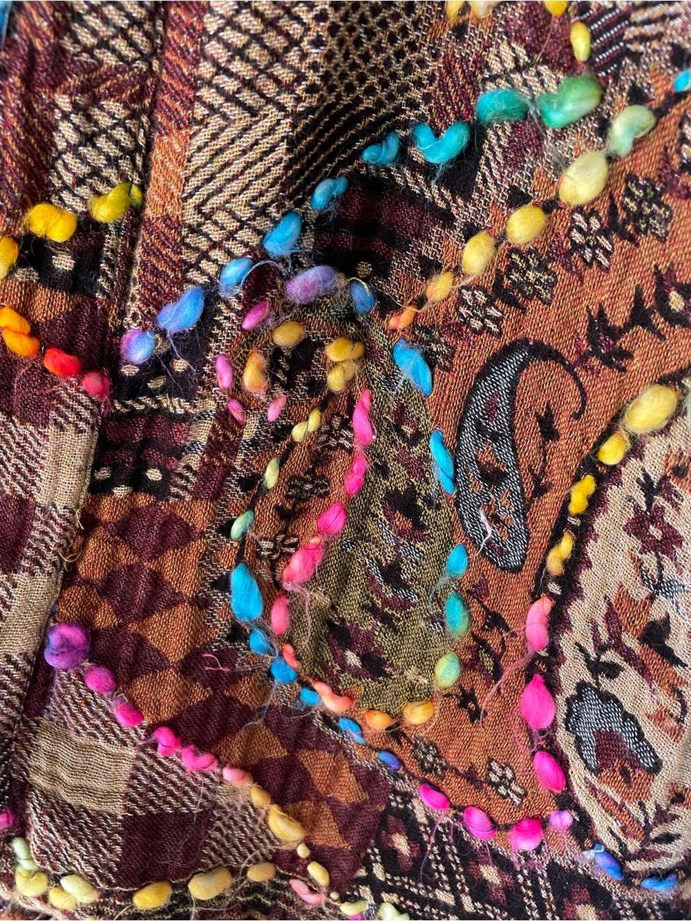 John Mark | Brown Patchwork Open Kimono Cardigan Colorful Embroidered Yarn - Picture 9 of 9